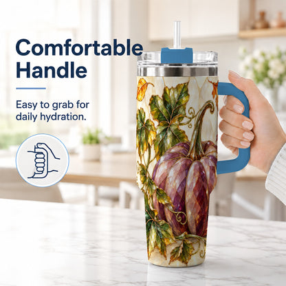 #pl[40oz|Blue] Jeweled Pumpkin 40oz Tumbler with Handle, Autumn Stainless Steel Cup