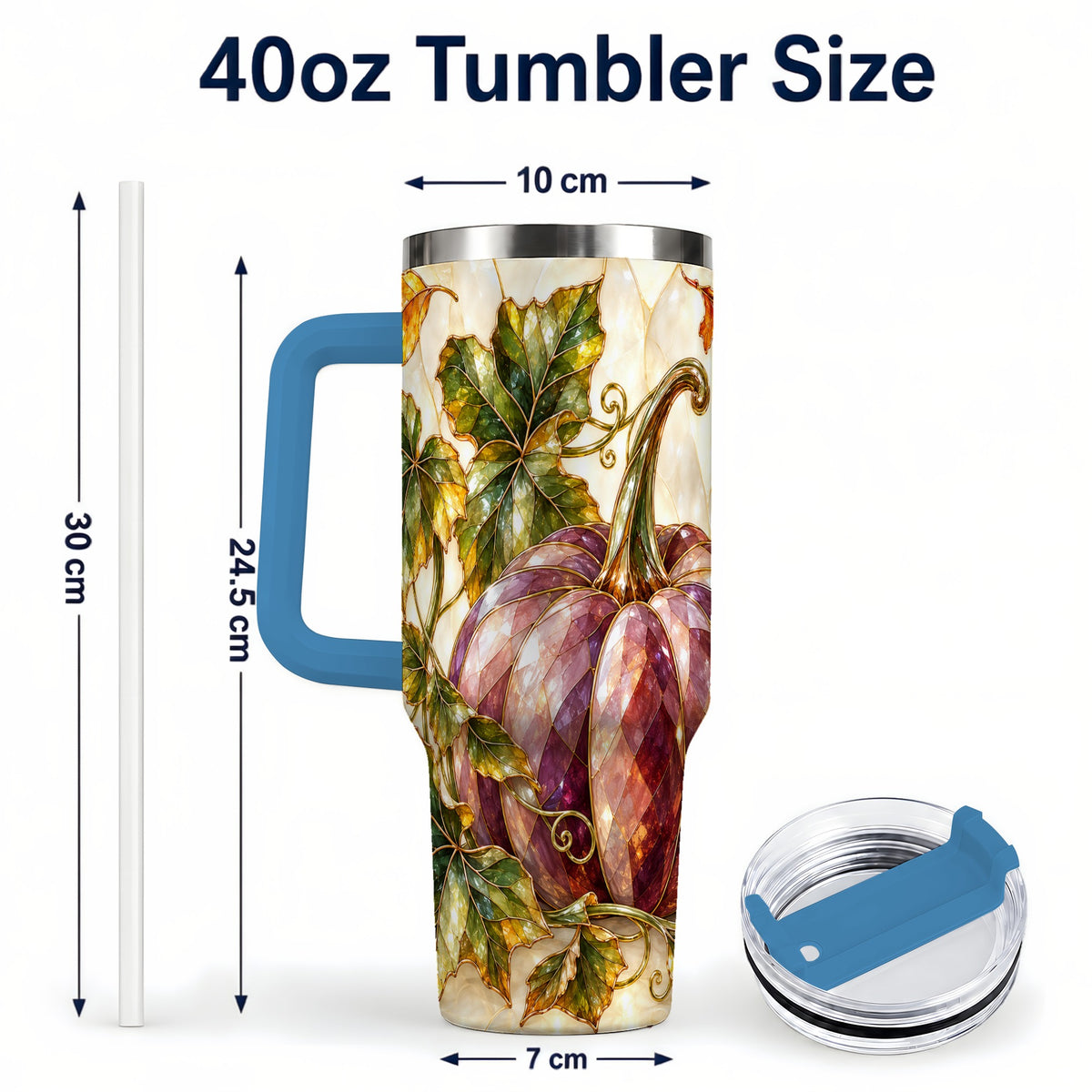 #pl[40oz|Blue] Jeweled Pumpkin 40oz Tumbler with Handle, Autumn Stainless Steel Cup