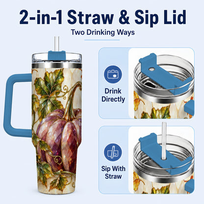 #pl[40oz|Blue] Jeweled Pumpkin 40oz Tumbler with Handle, Autumn Stainless Steel Cup