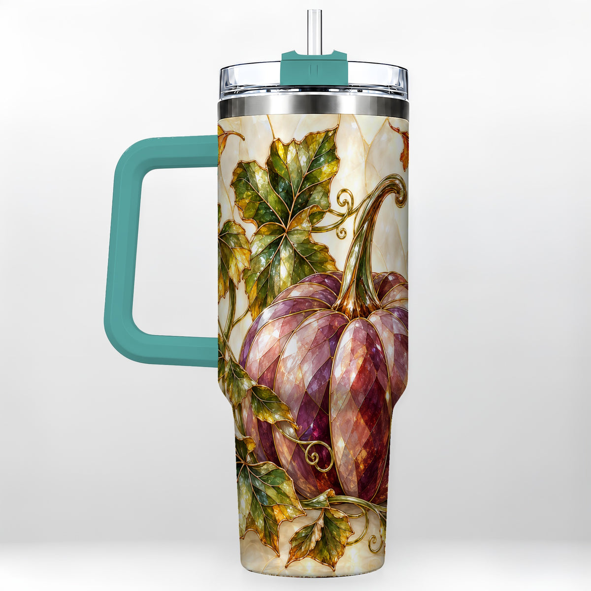 #pl[40oz|Green] Jeweled Pumpkin 40oz Tumbler with Handle, Autumn Stainless Steel Cup