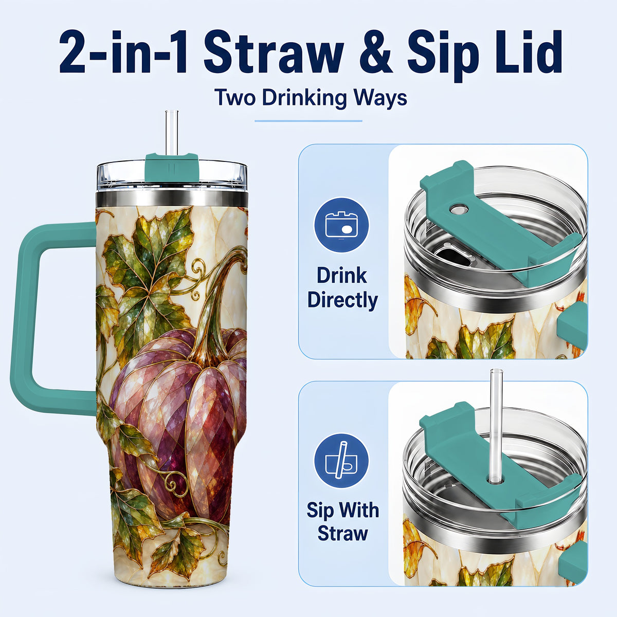 #pl[40oz|Green] Jeweled Pumpkin 40oz Tumbler with Handle, Autumn Stainless Steel Cup