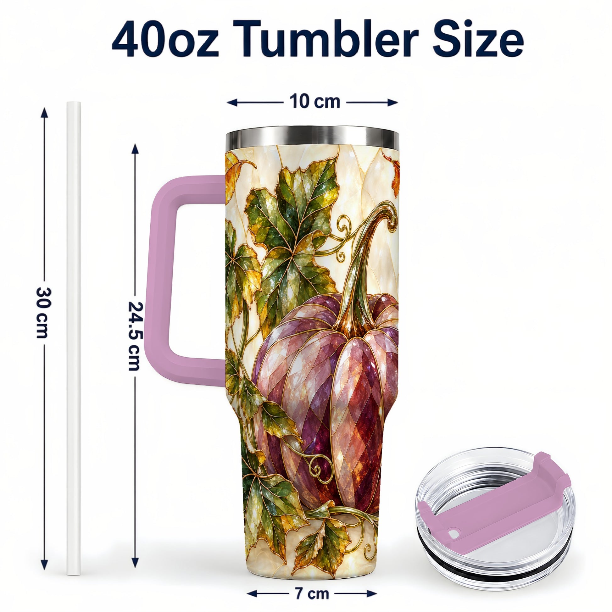 #pl[40oz|Pink] Jeweled Pumpkin 40oz Tumbler with Handle, Autumn Stainless Steel Cup