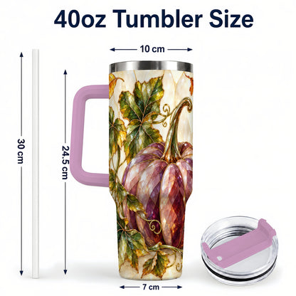 #pl[40oz|Pink] Jeweled Pumpkin 40oz Tumbler with Handle, Autumn Stainless Steel Cup