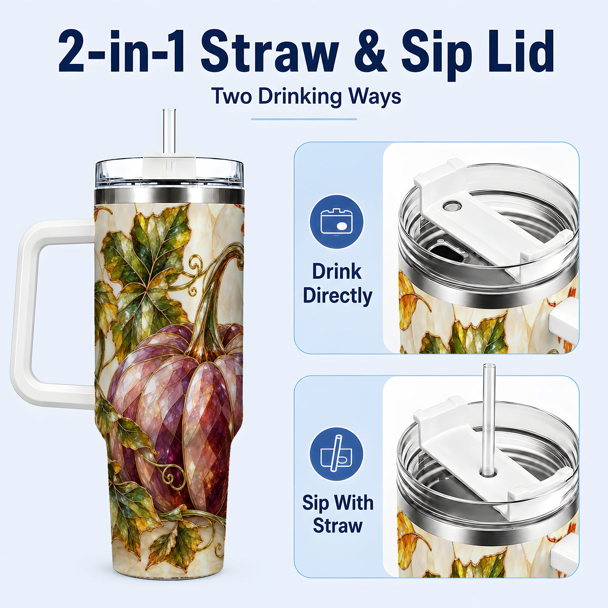 #pl[40oz|White] Jeweled Pumpkin 40oz Tumbler with Handle, Autumn Stainless Steel Cup