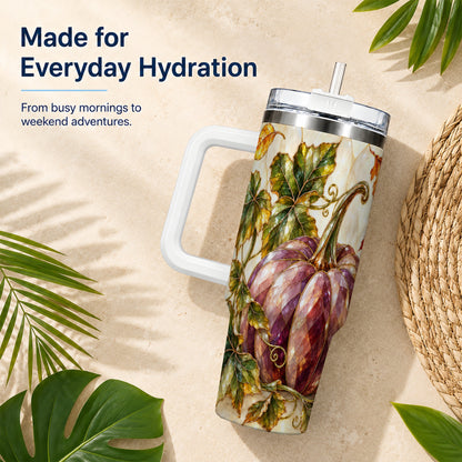 #pl[40oz|White] Jeweled Pumpkin 40oz Tumbler with Handle, Autumn Stainless Steel Cup