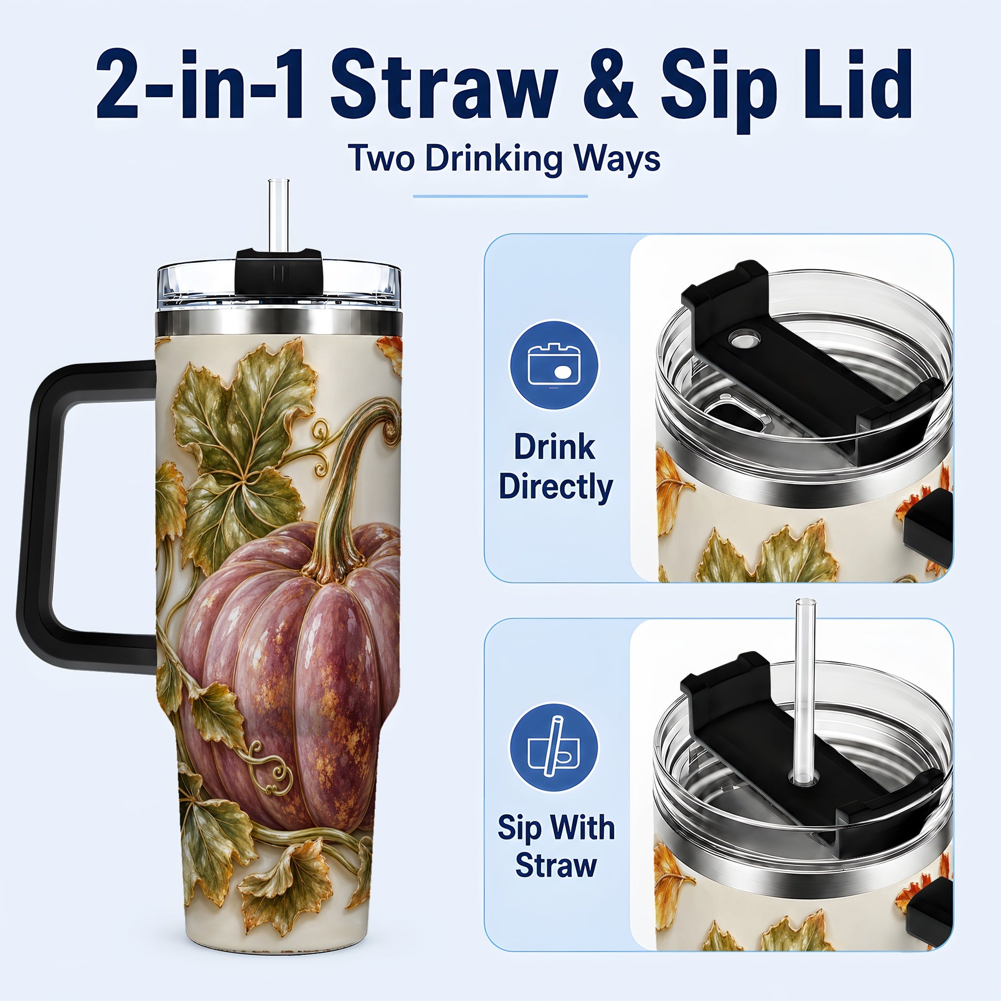 #pl[40oz|Black] Mauve Pumpkin 40oz Tumbler with Handle, Fall Stainless Steel Travel Cup