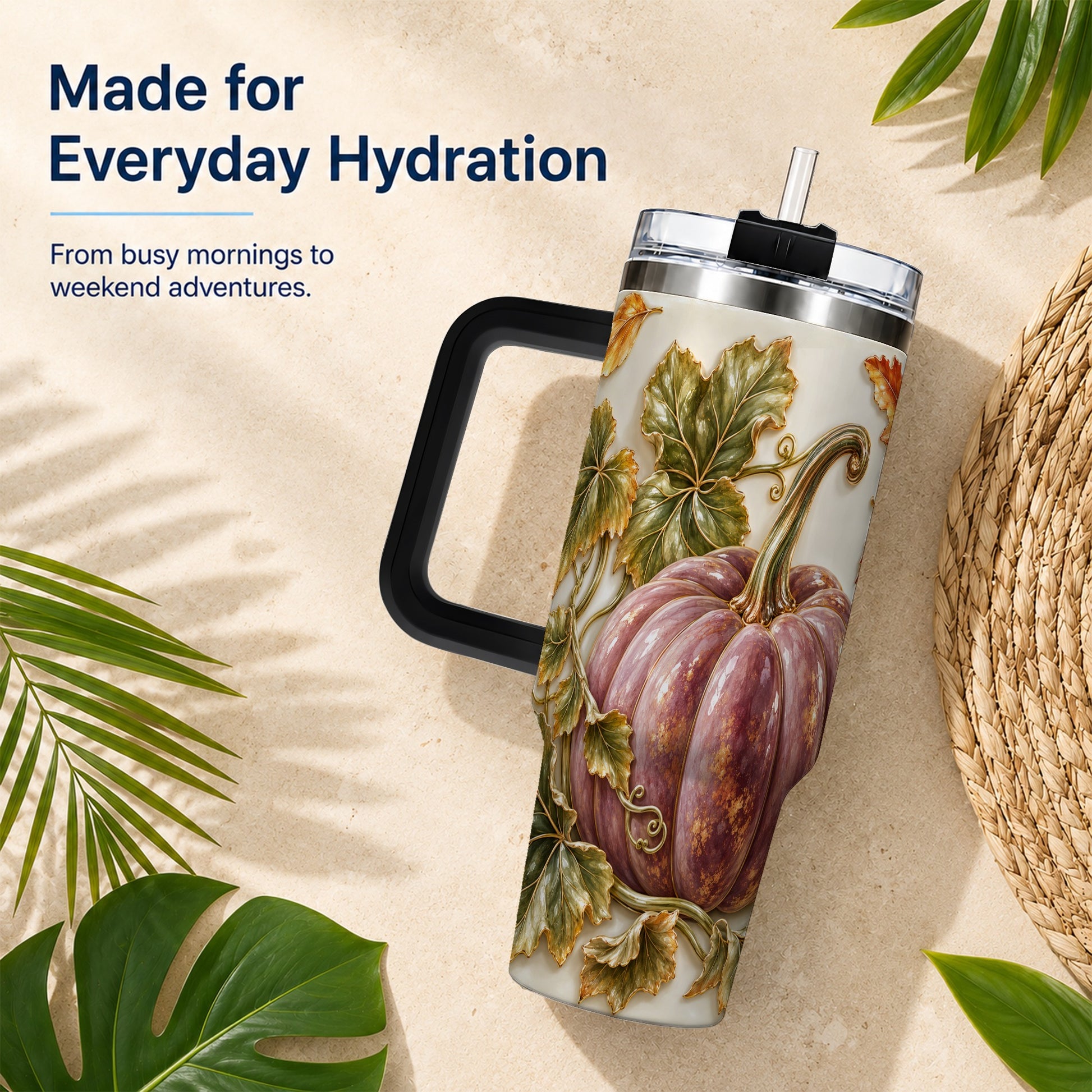 #pl[40oz|Black] Mauve Pumpkin 40oz Tumbler with Handle, Fall Stainless Steel Travel Cup