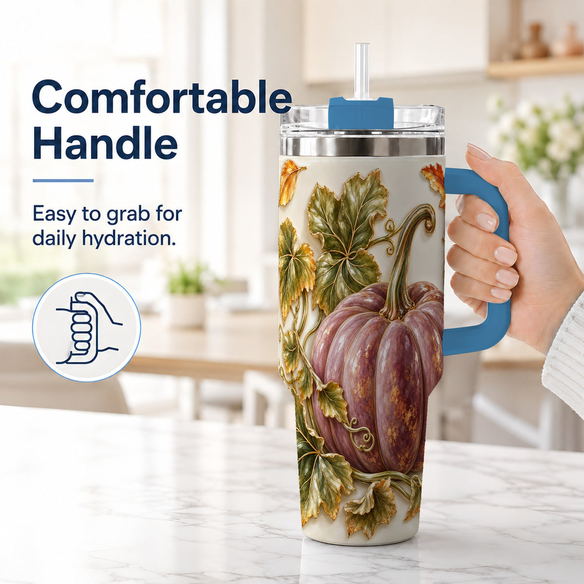 #pl[40oz|Blue] Mauve Pumpkin 40oz Tumbler with Handle, Fall Stainless Steel Travel Cup