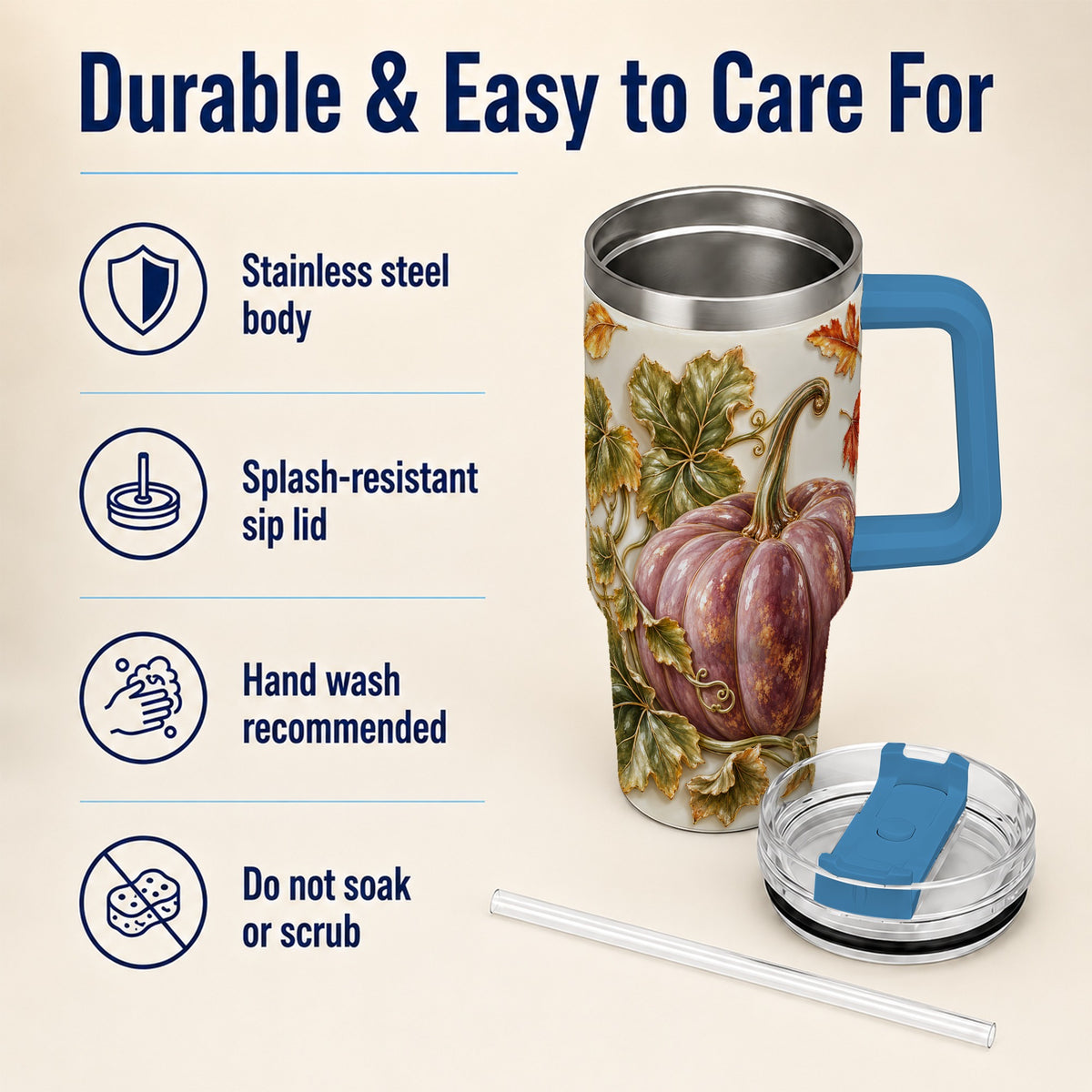 #pl[40oz|Blue] Mauve Pumpkin 40oz Tumbler with Handle, Fall Stainless Steel Travel Cup