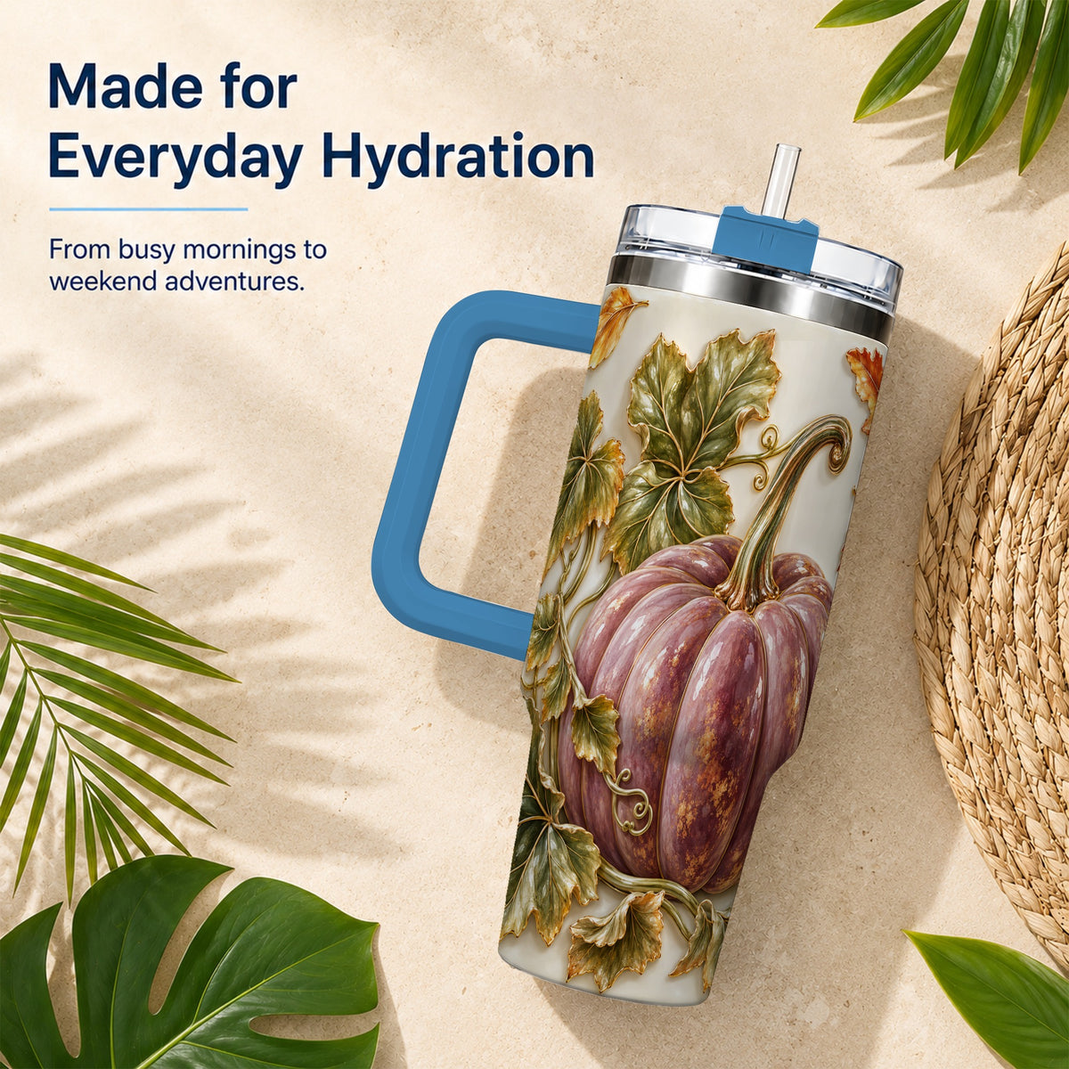#pl[40oz|Blue] Mauve Pumpkin 40oz Tumbler with Handle, Fall Stainless Steel Travel Cup