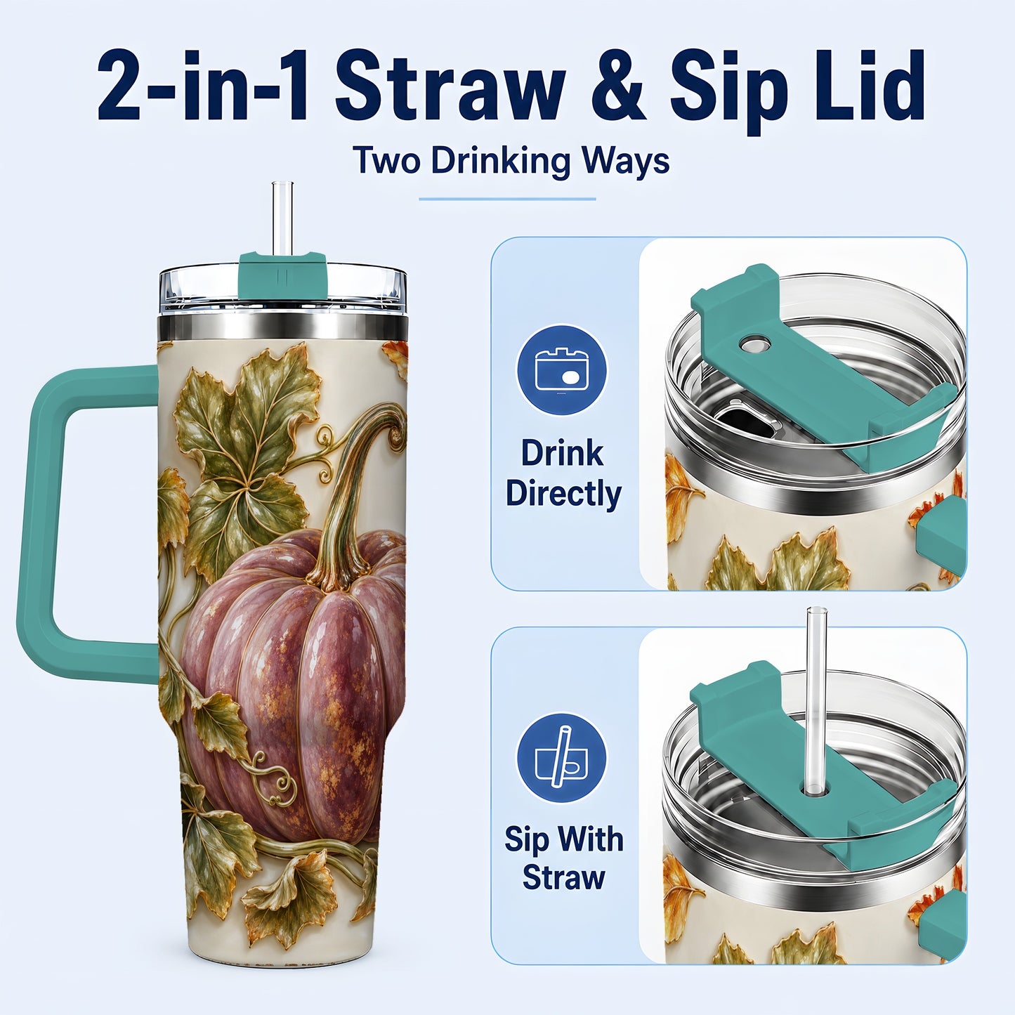 #pl[40oz|Green] Mauve Pumpkin 40oz Tumbler with Handle, Fall Stainless Steel Travel Cup