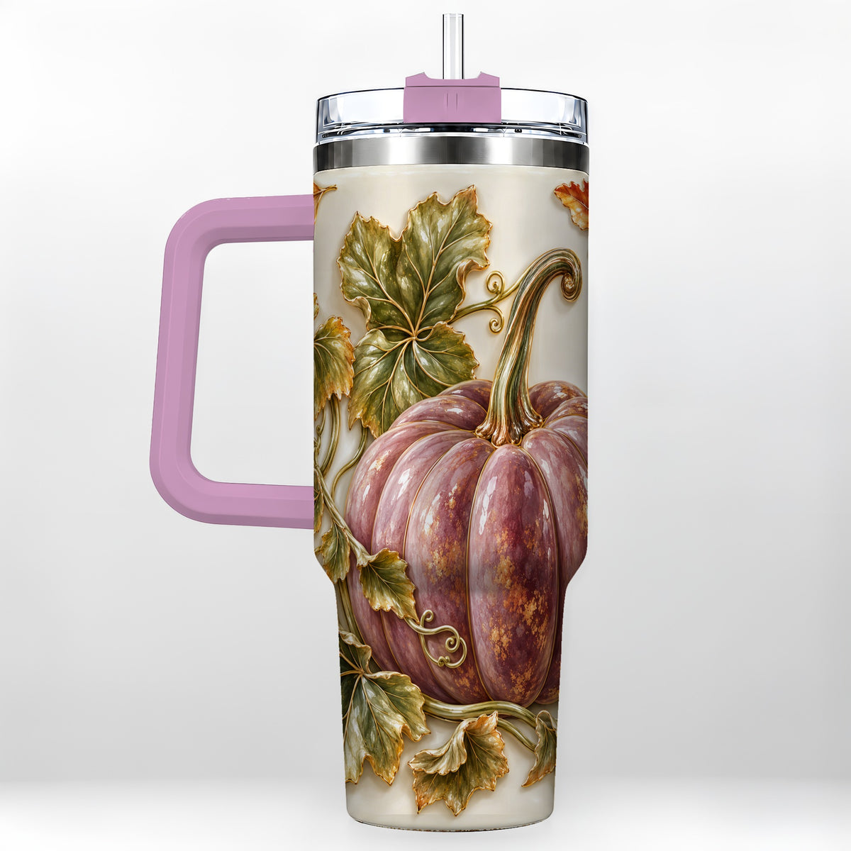 #pl[40oz|Pink] Mauve Pumpkin 40oz Tumbler with Handle, Fall Stainless Steel Travel Cup