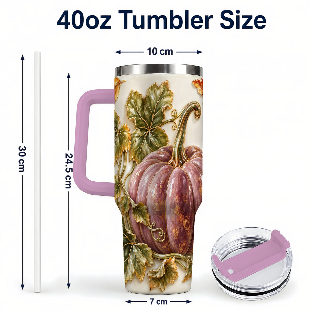 #pl[40oz|Pink] Mauve Pumpkin 40oz Tumbler with Handle, Fall Stainless Steel Travel Cup