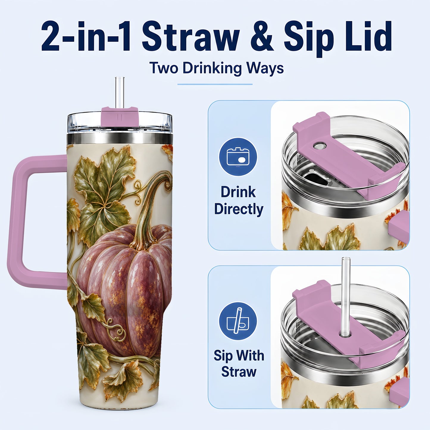 #pl[40oz|Pink] Mauve Pumpkin 40oz Tumbler with Handle, Fall Stainless Steel Travel Cup