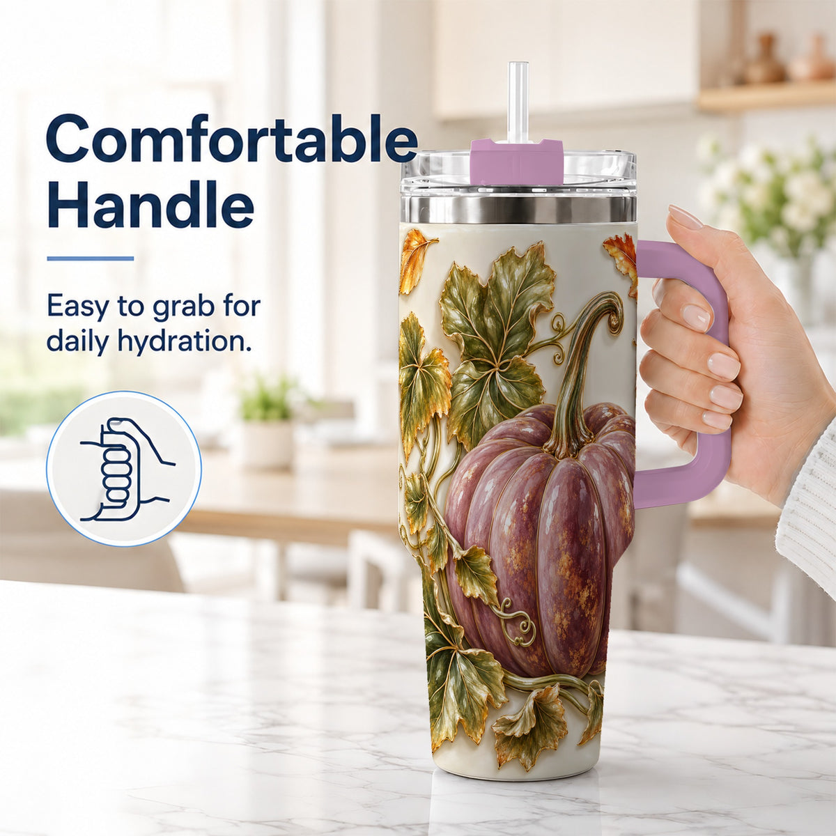 #pl[40oz|Pink] Mauve Pumpkin 40oz Tumbler with Handle, Fall Stainless Steel Travel Cup