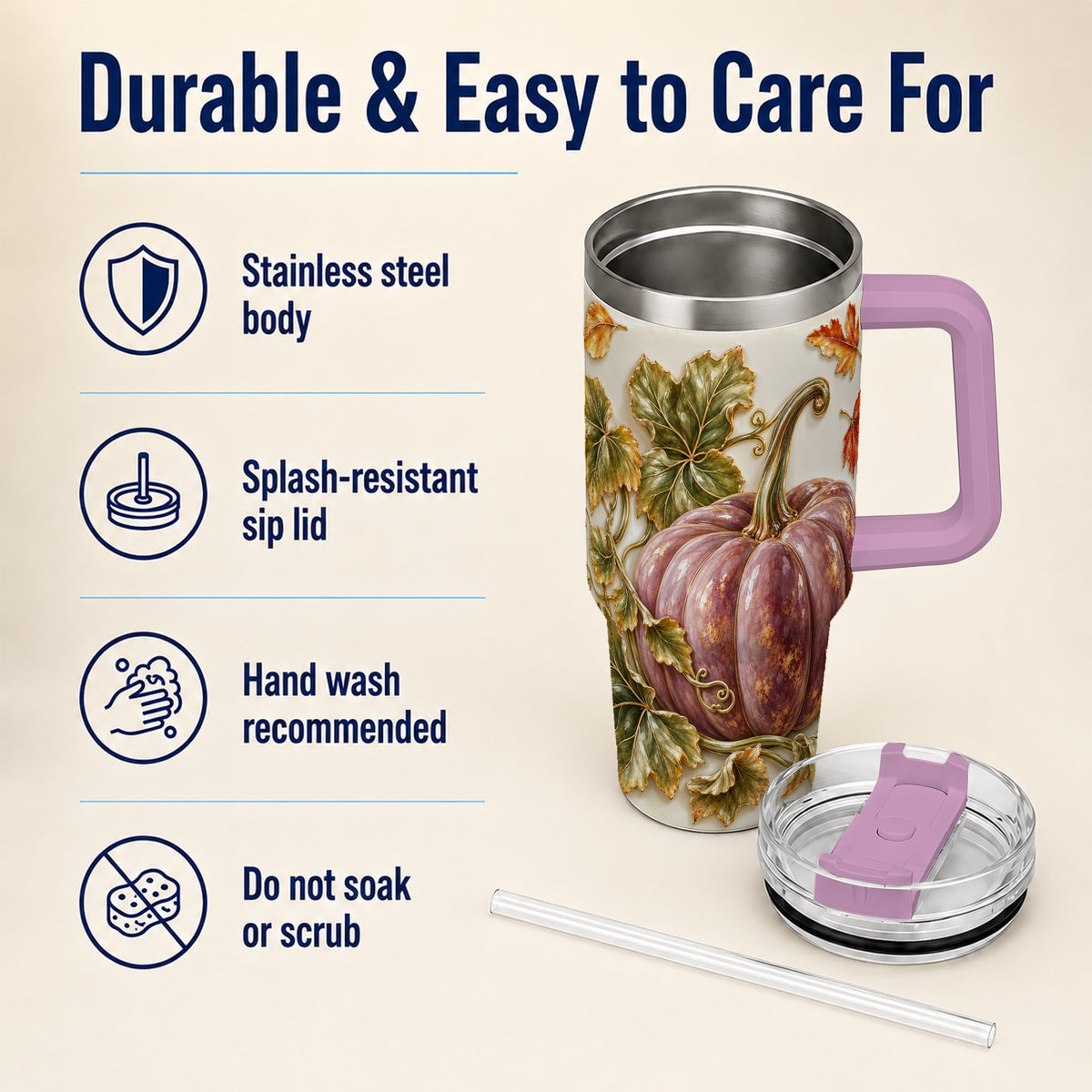 #pl[40oz|Pink] Mauve Pumpkin 40oz Tumbler with Handle, Fall Stainless Steel Travel Cup