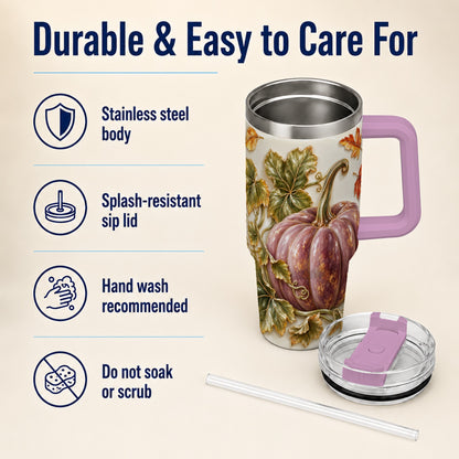 #pl[40oz|Pink] Mauve Pumpkin 40oz Tumbler with Handle, Fall Stainless Steel Travel Cup
