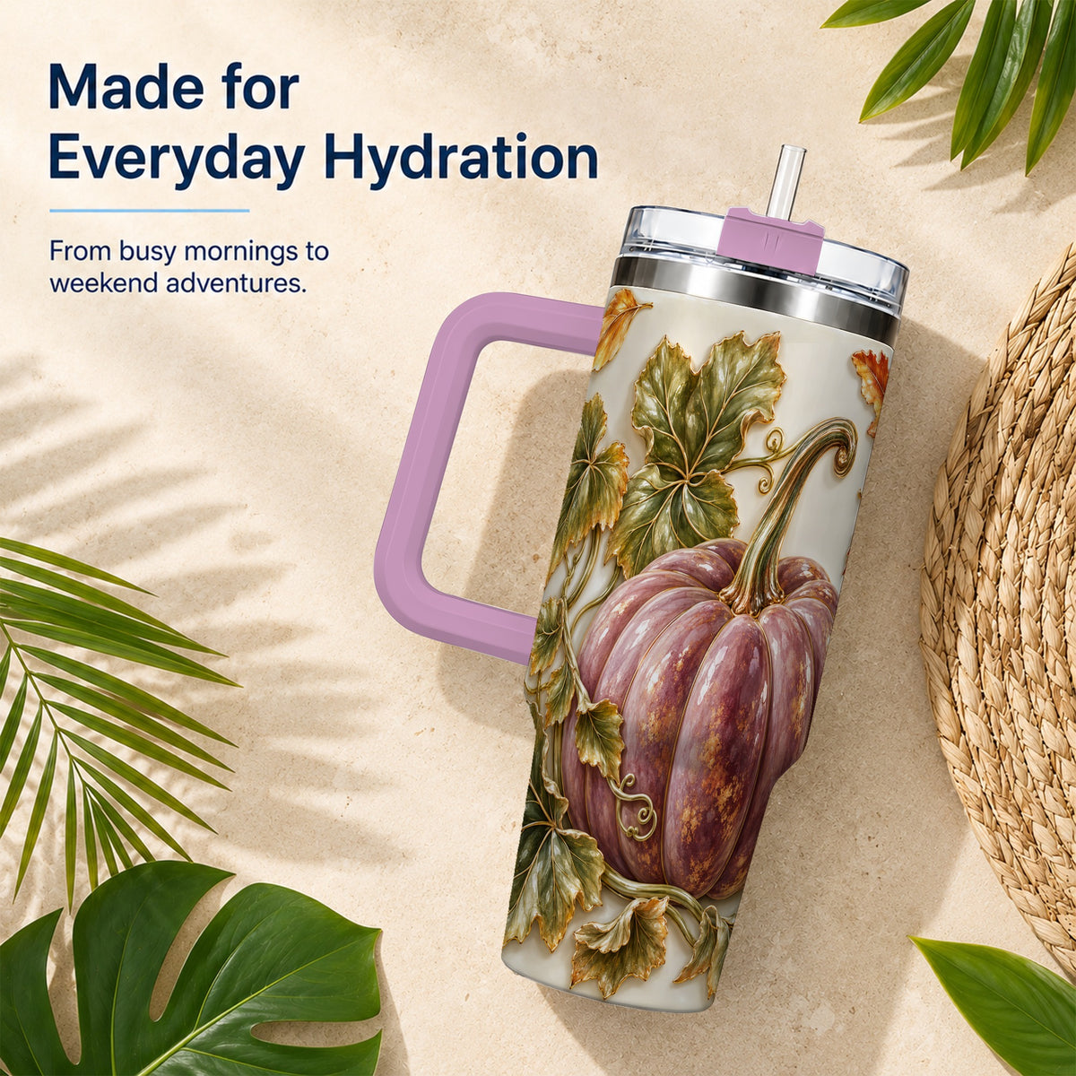 #pl[40oz|Pink] Mauve Pumpkin 40oz Tumbler with Handle, Fall Stainless Steel Travel Cup