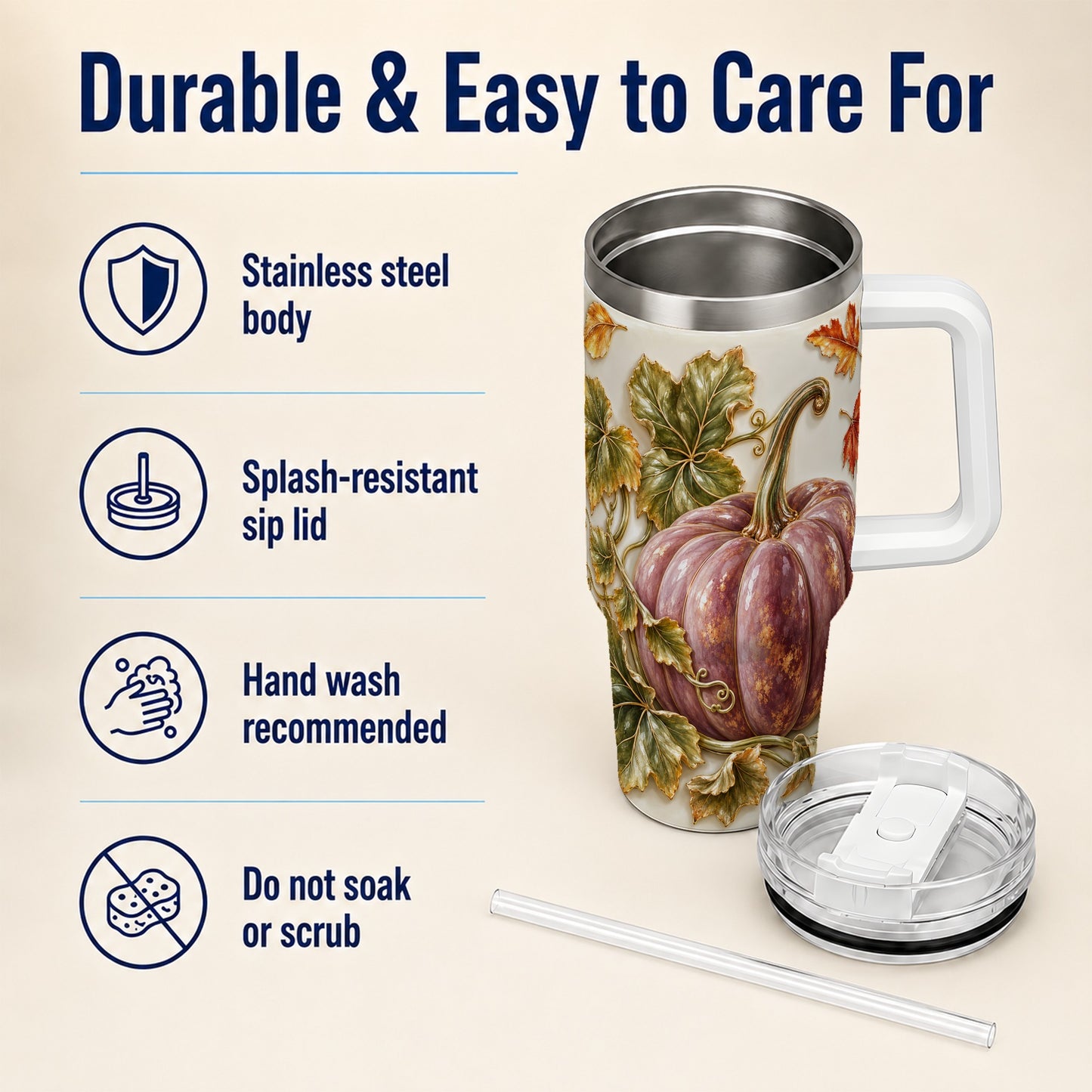 #pl[40oz|White] Mauve Pumpkin 40oz Tumbler with Handle, Fall Stainless Steel Travel Cup