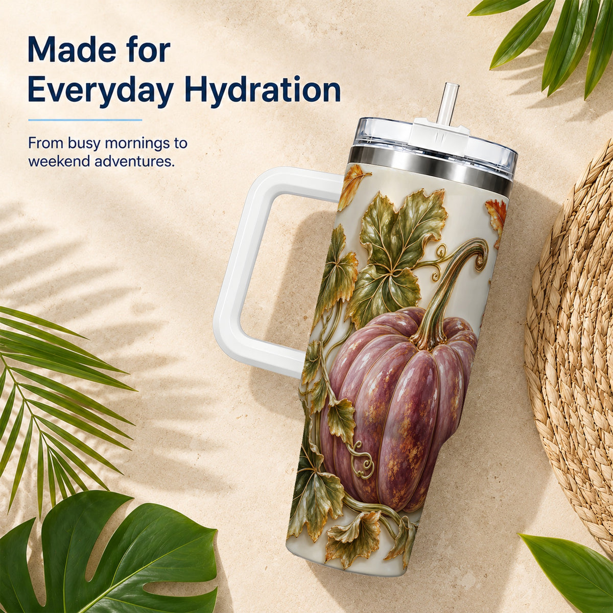#pl[40oz|White] Mauve Pumpkin 40oz Tumbler with Handle, Fall Stainless Steel Travel Cup