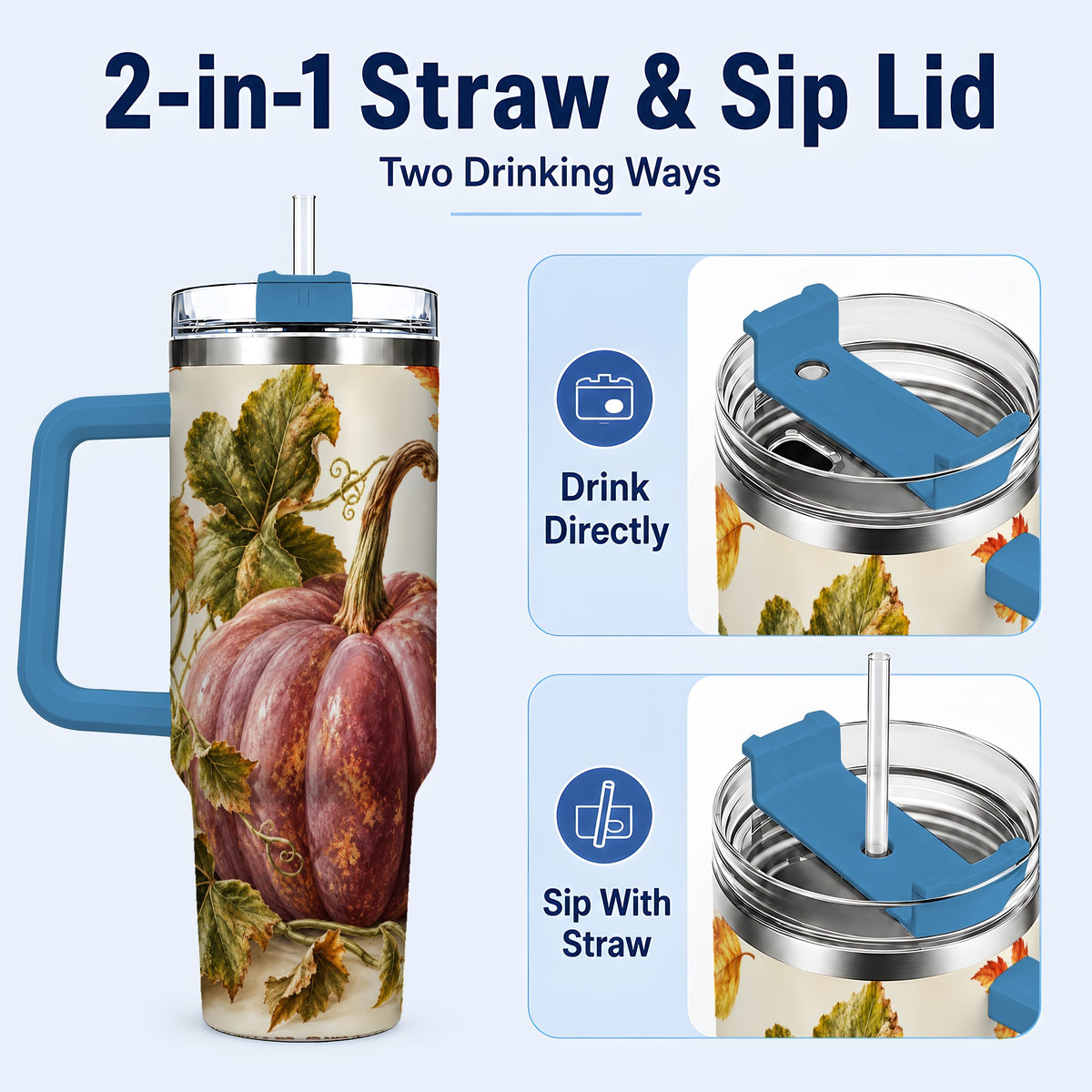 #pl[40oz|Blue] Rustic Mauve Pumpkin 40oz Tumbler with Handle, Fall Stainless Steel Cup