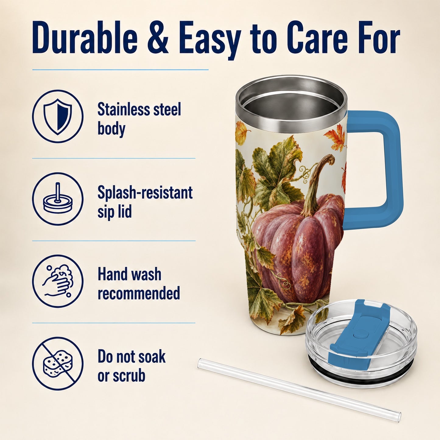 #pl[40oz|Blue] Rustic Mauve Pumpkin 40oz Tumbler with Handle, Fall Stainless Steel Cup