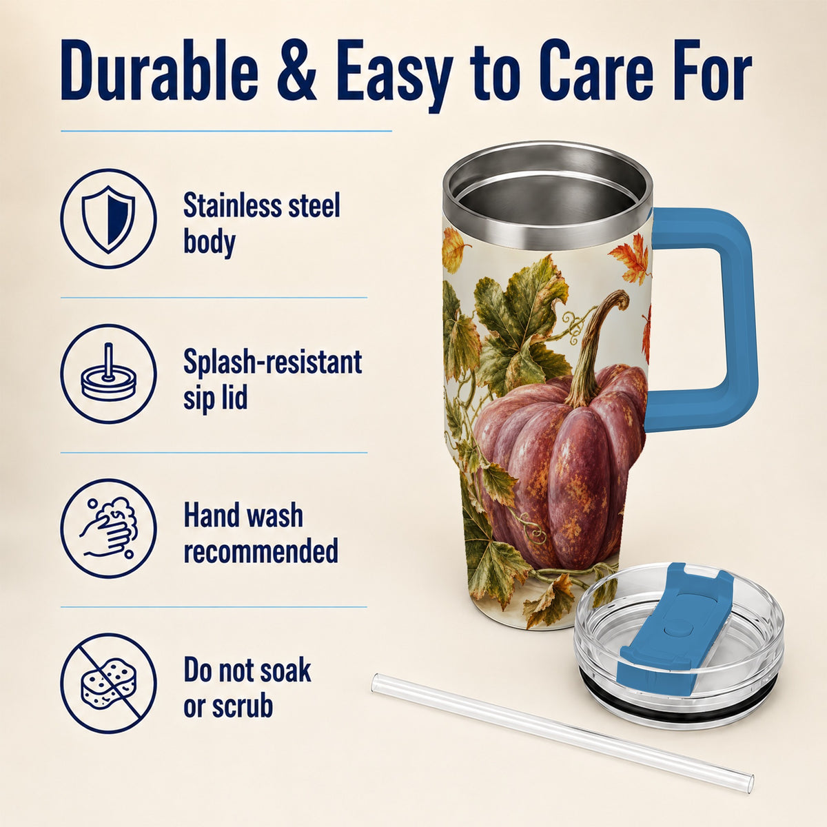 #pl[40oz|Blue] Rustic Mauve Pumpkin 40oz Tumbler with Handle, Fall Stainless Steel Cup