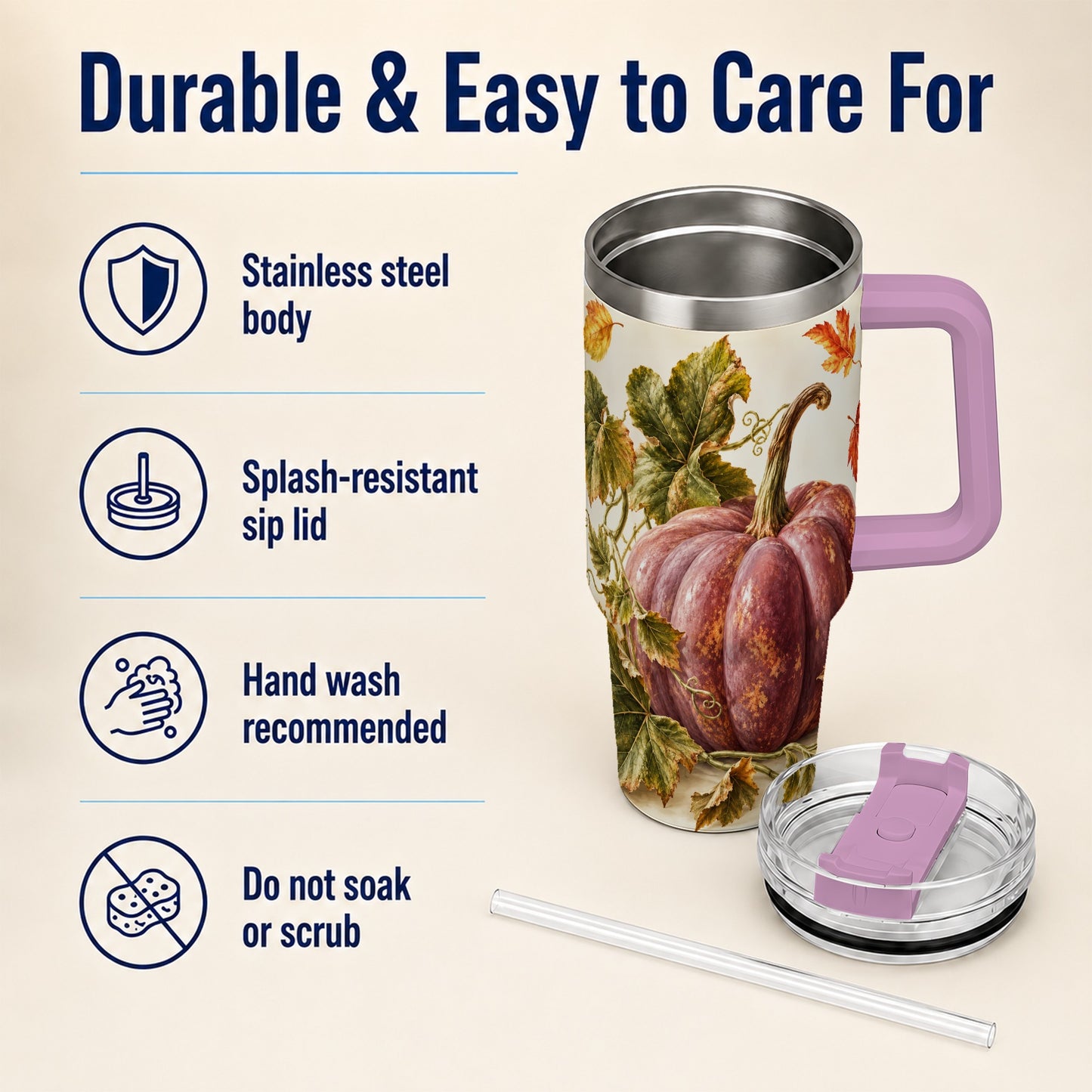 #pl[40oz|Pink] Rustic Mauve Pumpkin 40oz Tumbler with Handle, Fall Stainless Steel Cup