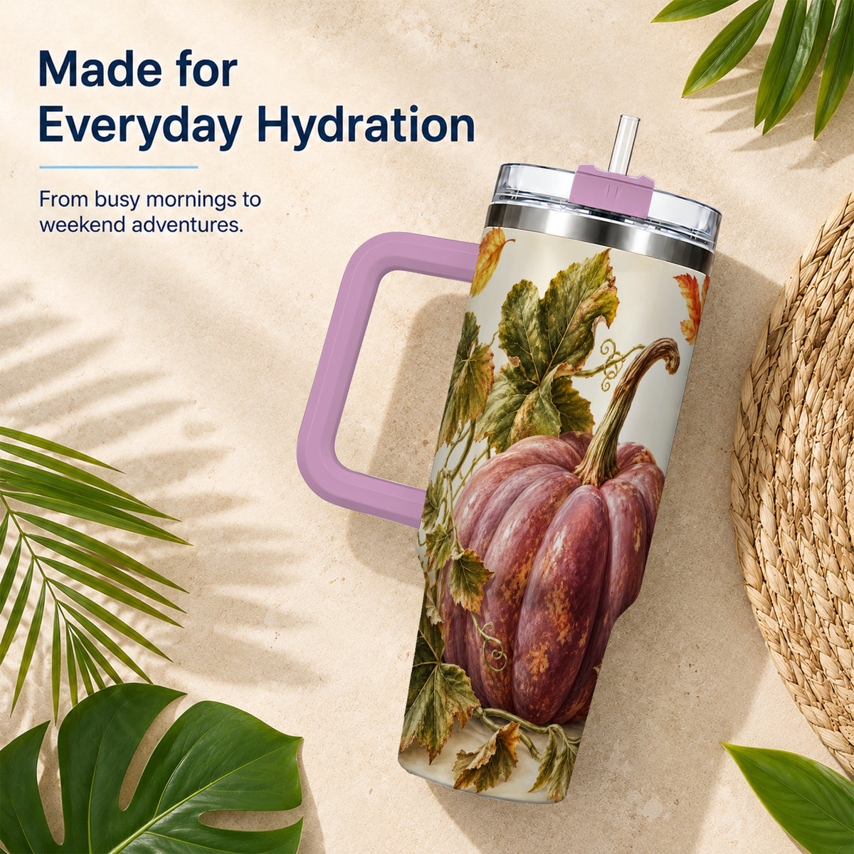 #pl[40oz|Pink] Rustic Mauve Pumpkin 40oz Tumbler with Handle, Fall Stainless Steel Cup