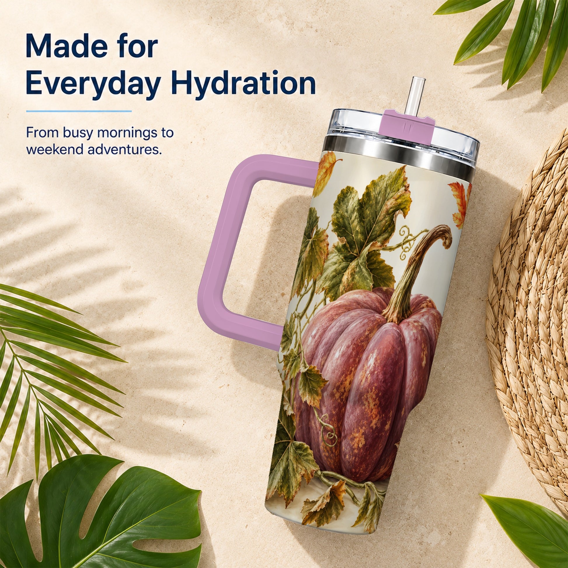 #pl[40oz|Pink] Rustic Mauve Pumpkin 40oz Tumbler with Handle, Fall Stainless Steel Cup