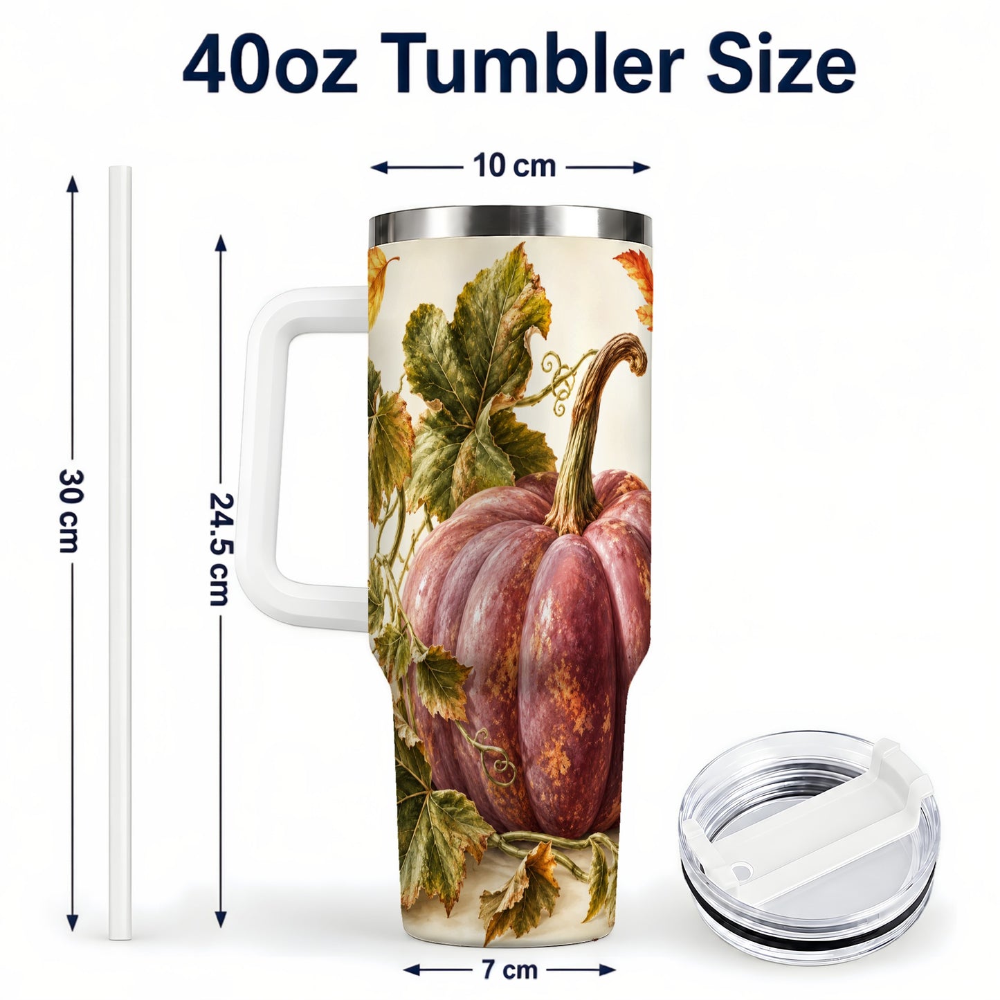#pl[40oz|White] Rustic Mauve Pumpkin 40oz Tumbler with Handle, Fall Stainless Steel Cup