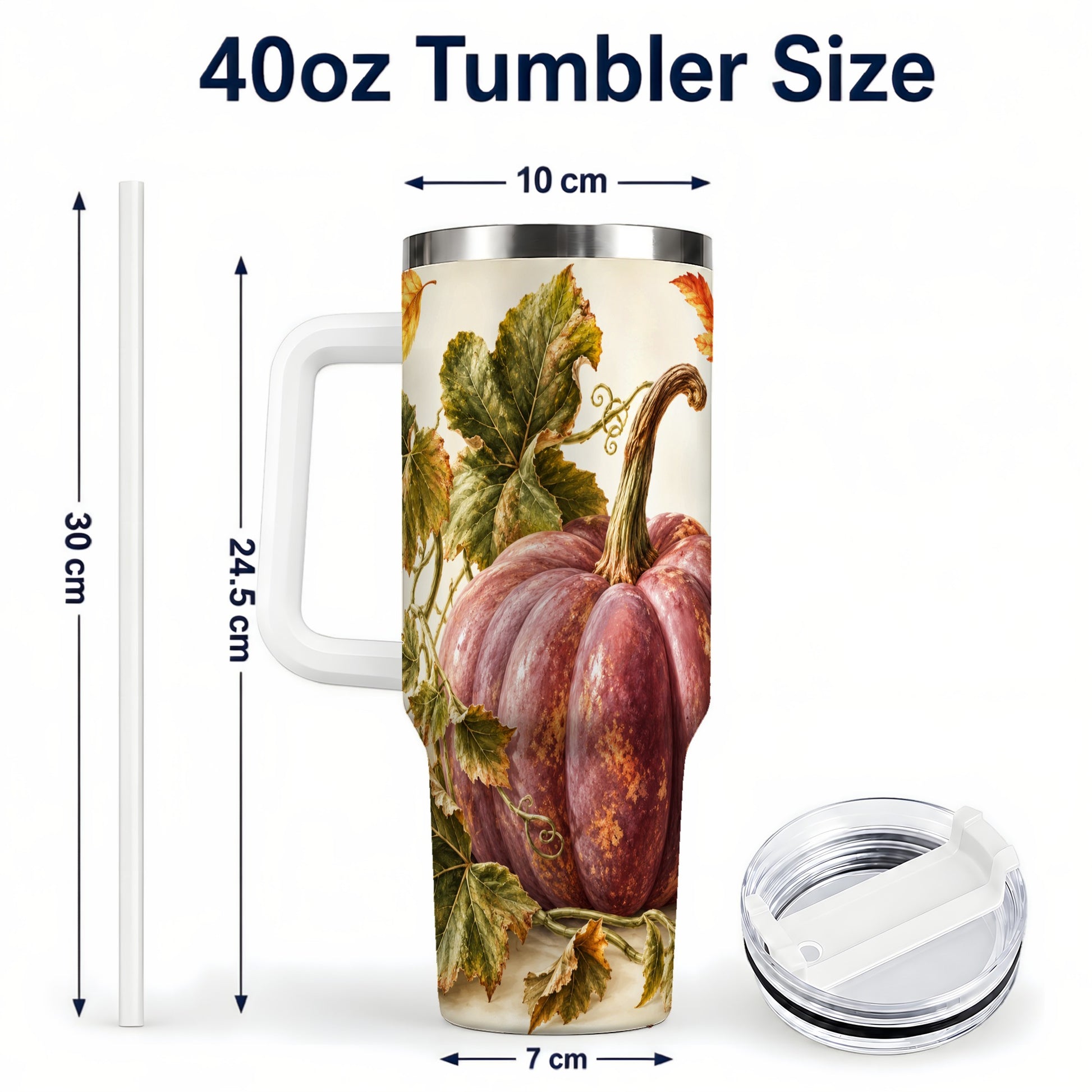 #pl[40oz|White] Rustic Mauve Pumpkin 40oz Tumbler with Handle, Fall Stainless Steel Cup