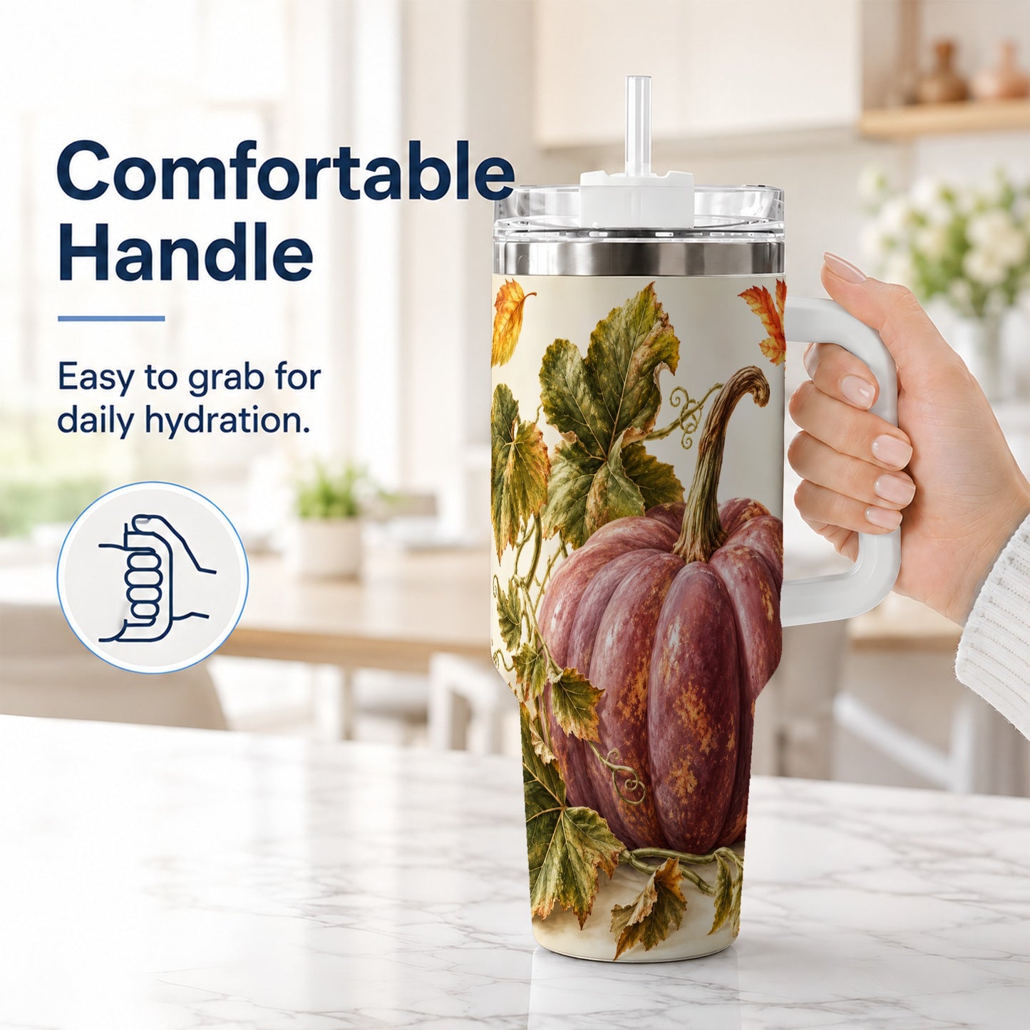 #pl[40oz|White] Rustic Mauve Pumpkin 40oz Tumbler with Handle, Fall Stainless Steel Cup