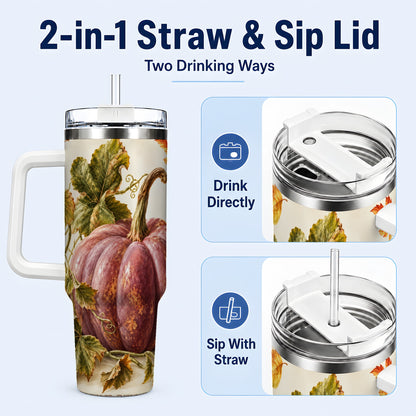 #pl[40oz|White] Rustic Mauve Pumpkin 40oz Tumbler with Handle, Fall Stainless Steel Cup