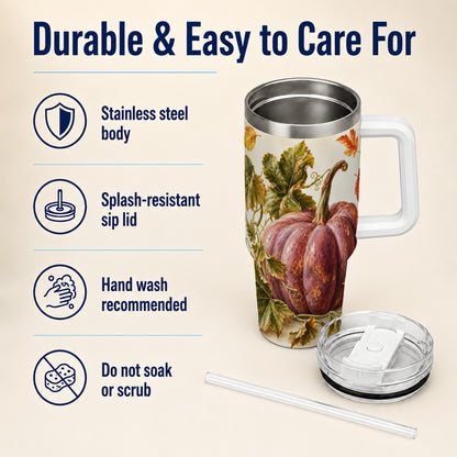 #pl[40oz|White] Rustic Mauve Pumpkin 40oz Tumbler with Handle, Fall Stainless Steel Cup
