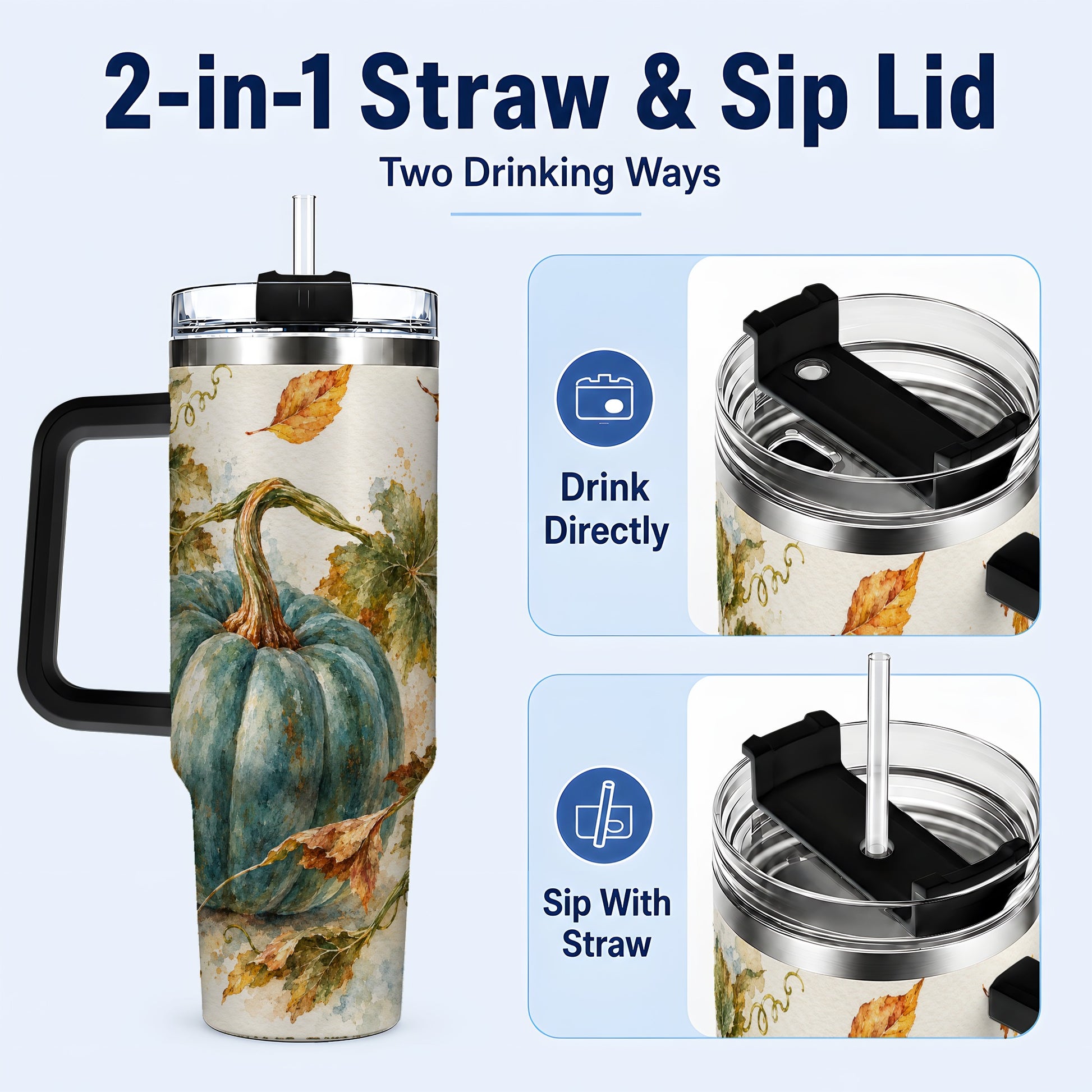 #pl[40oz|Black] Blue Pumpkin 40oz Tumbler with Handle, Watercolor Stainless Steel Cup