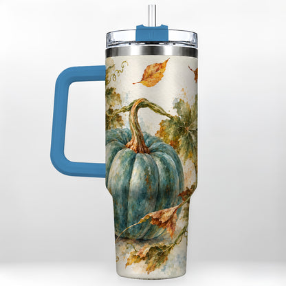#pl[40oz|Blue] Blue Pumpkin 40oz Tumbler with Handle, Watercolor Stainless Steel Cup