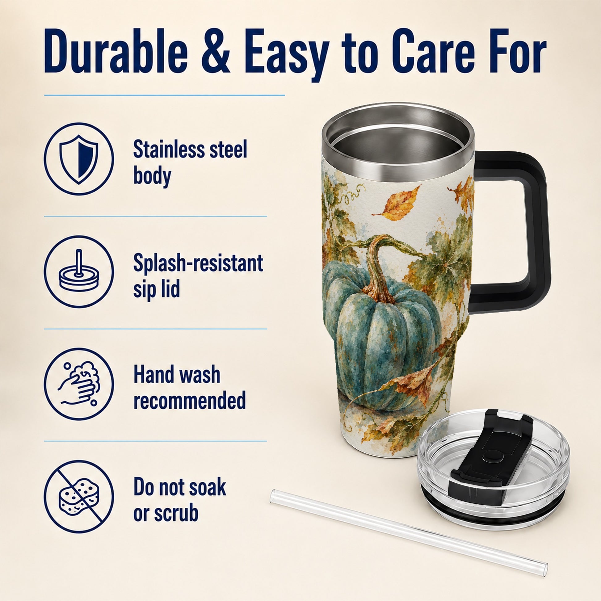 #pl[40oz|Black] Blue Pumpkin 40oz Tumbler with Handle, Watercolor Stainless Steel Cup