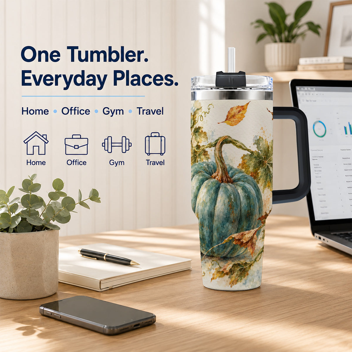 #pl[40oz|Black] Blue Pumpkin 40oz Tumbler with Handle, Watercolor Stainless Steel Cup