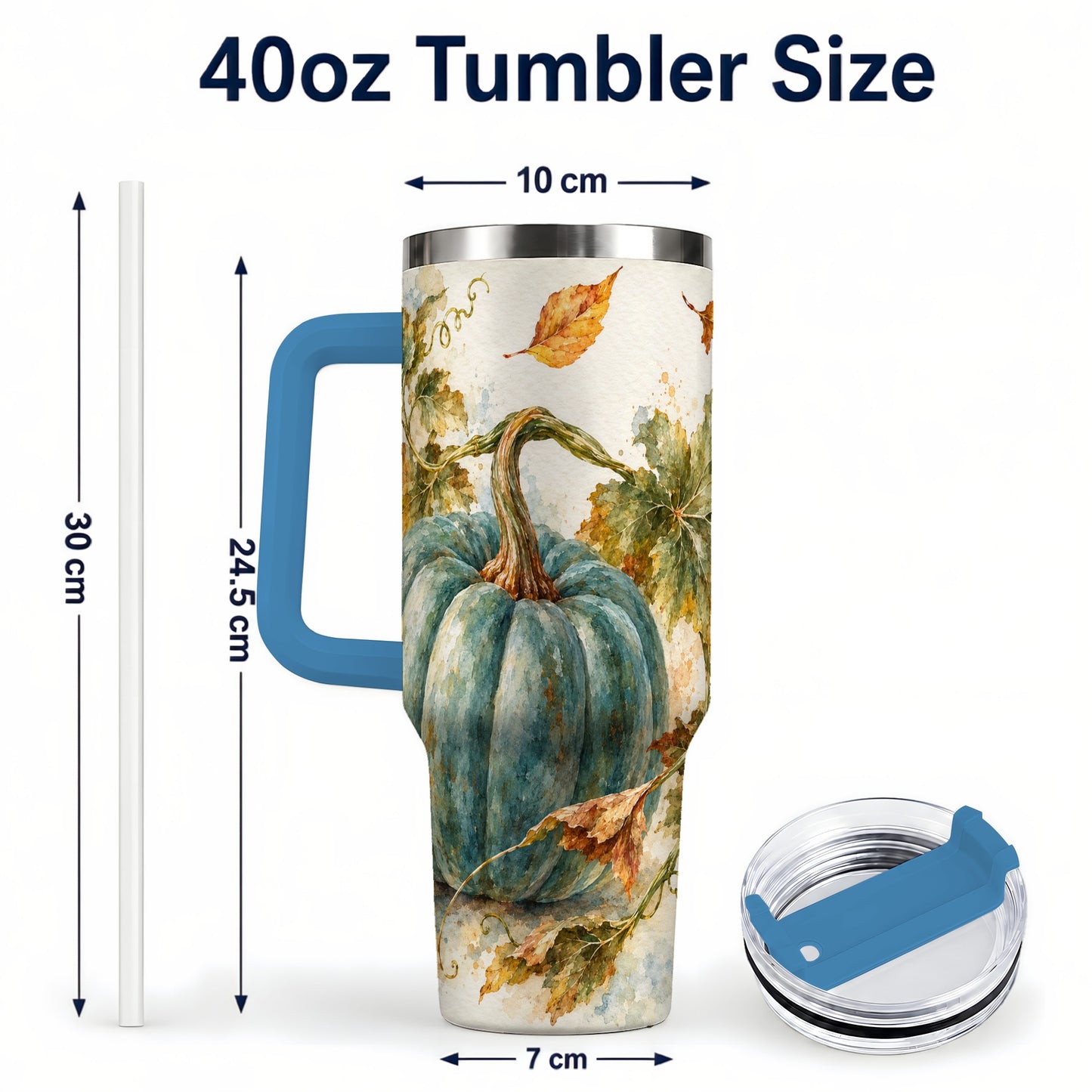 #pl[40oz|Blue] Blue Pumpkin 40oz Tumbler with Handle, Watercolor Stainless Steel Cup