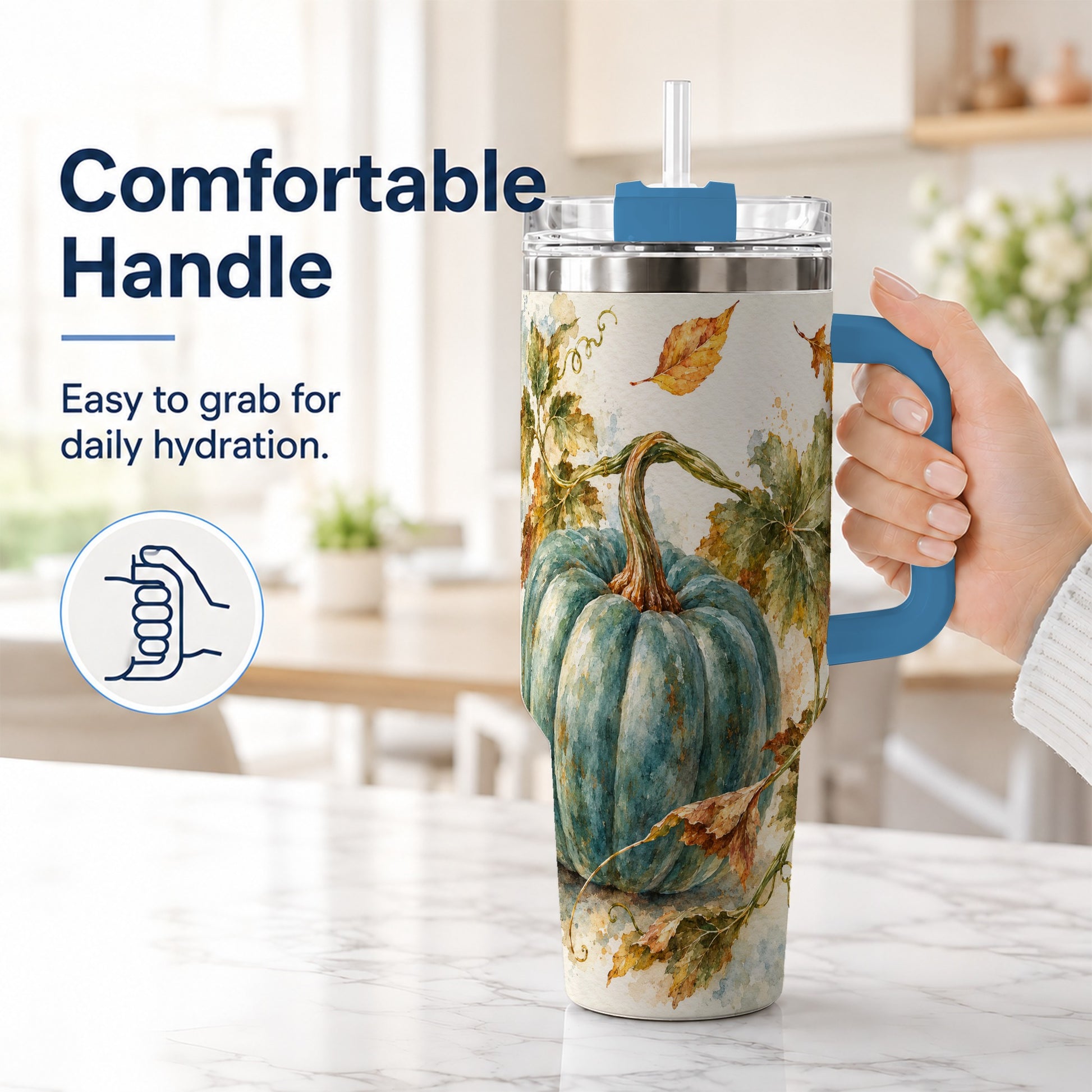 #pl[40oz|Blue] Blue Pumpkin 40oz Tumbler with Handle, Watercolor Stainless Steel Cup