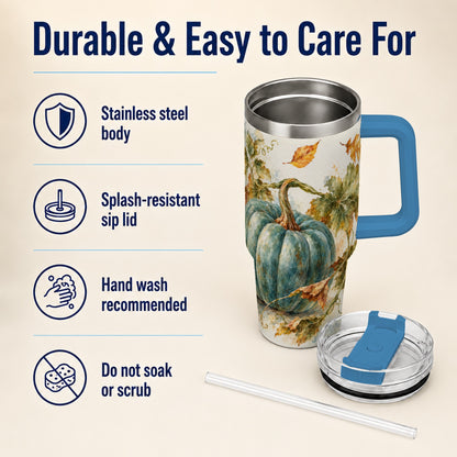 #pl[40oz|Blue] Blue Pumpkin 40oz Tumbler with Handle, Watercolor Stainless Steel Cup