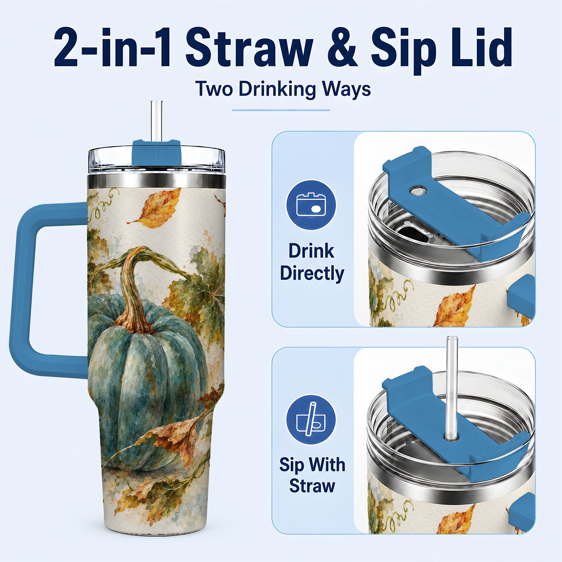 #pl[40oz|Blue] Blue Pumpkin 40oz Tumbler with Handle, Watercolor Stainless Steel Cup