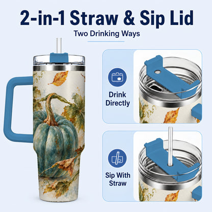 #pl[40oz|Blue] Blue Pumpkin 40oz Tumbler with Handle, Watercolor Stainless Steel Cup