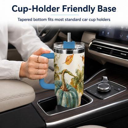 #pl[40oz|Blue] Blue Pumpkin 40oz Tumbler with Handle, Watercolor Stainless Steel Cup