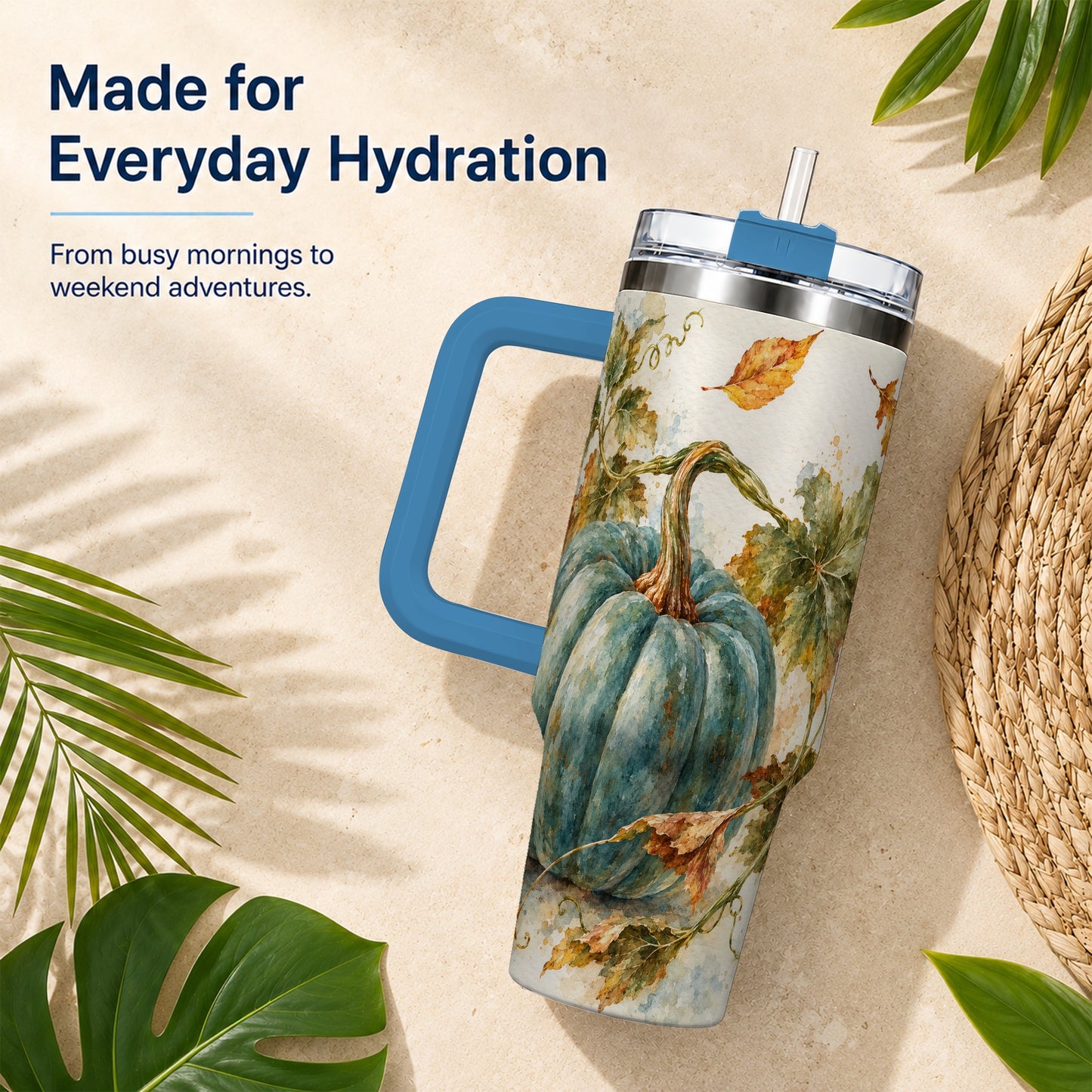 #pl[40oz|Blue] Blue Pumpkin 40oz Tumbler with Handle, Watercolor Stainless Steel Cup