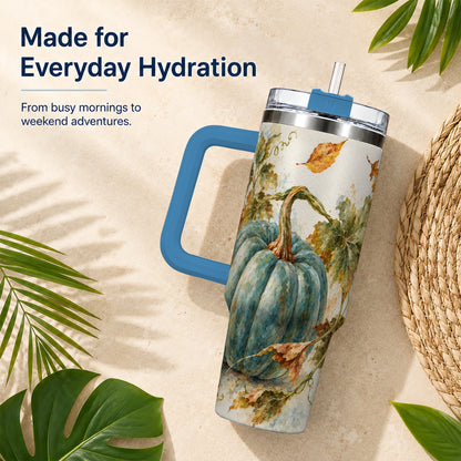 #pl[40oz|Blue] Blue Pumpkin 40oz Tumbler with Handle, Watercolor Stainless Steel Cup