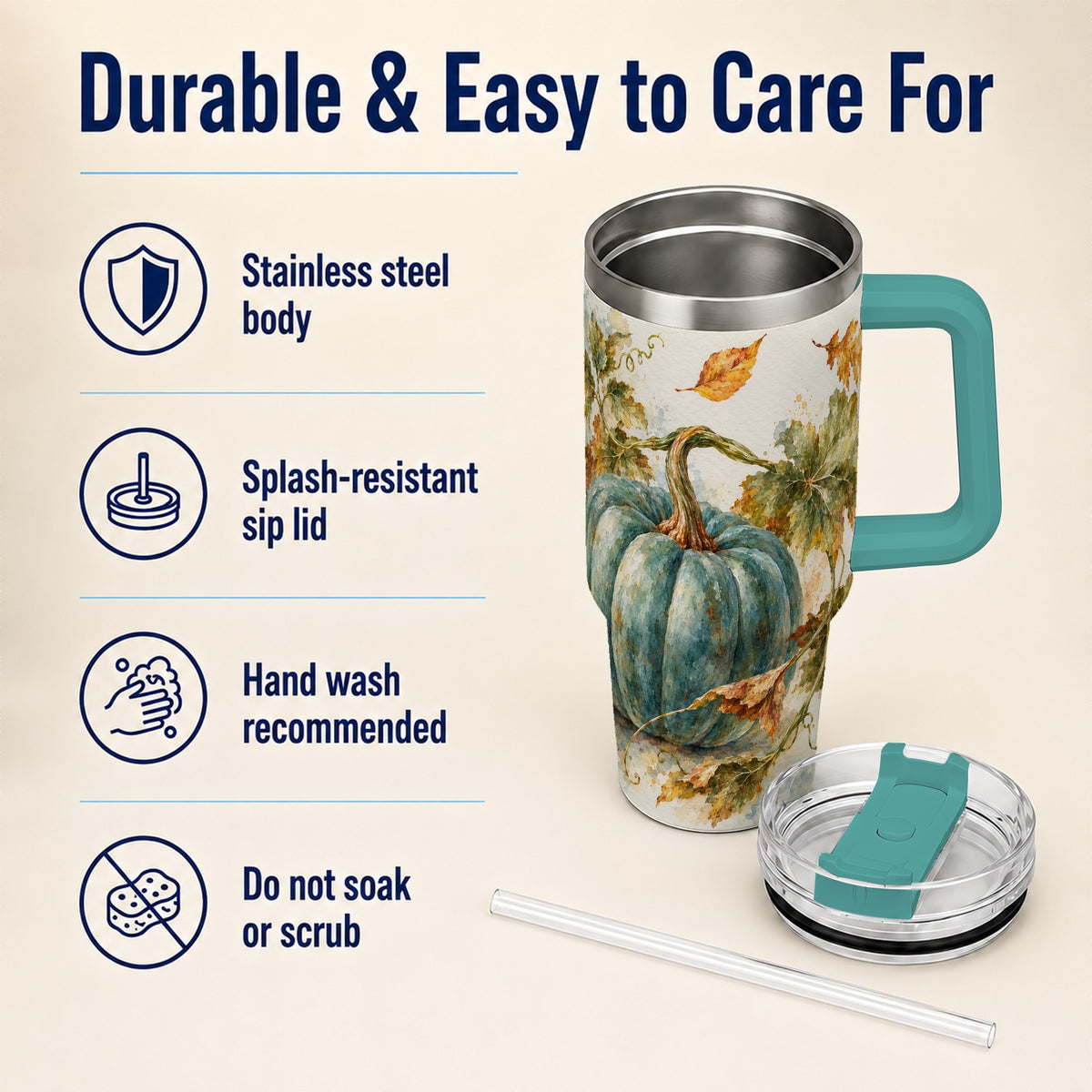 #pl[40oz|Green] Blue Pumpkin 40oz Tumbler with Handle, Watercolor Stainless Steel Cup