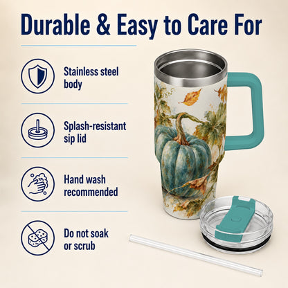 #pl[40oz|Green] Blue Pumpkin 40oz Tumbler with Handle, Watercolor Stainless Steel Cup