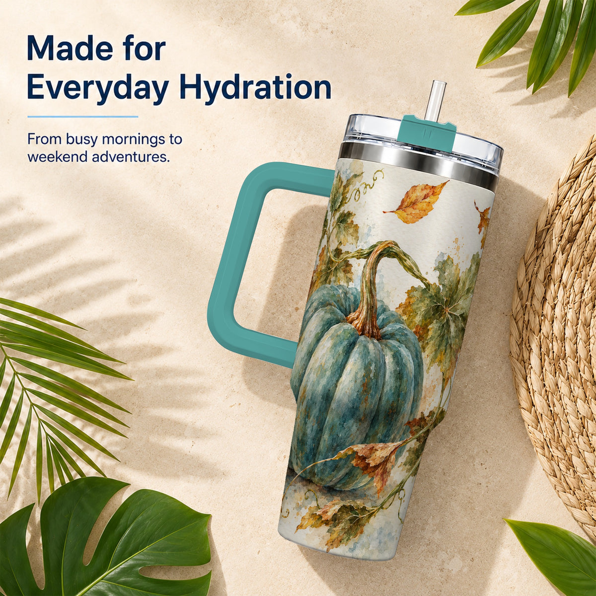 #pl[40oz|Green] Blue Pumpkin 40oz Tumbler with Handle, Watercolor Stainless Steel Cup